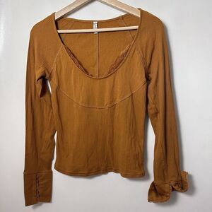 Free People Top Bit of Lace Layering Autumn Pearl Burnt Orange Boho Peasant M